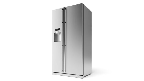 A full size refrigerator with a white background