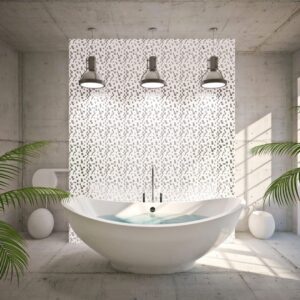A white bathroom with a bathtub and plants.