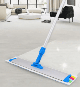 A Flat-Head Mop with a blue handle in a living room.