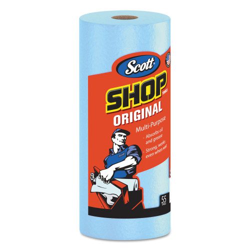 A roll of Scott Shop Original Towel, Blue paper towels.