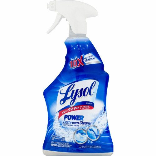 A bottle of lysol power spray on a white background.