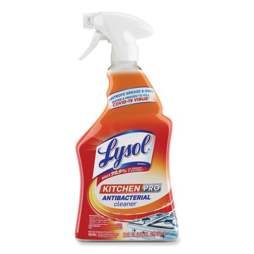 A bottle of Lysol Kitchen Pro, Citrus Scent spray.