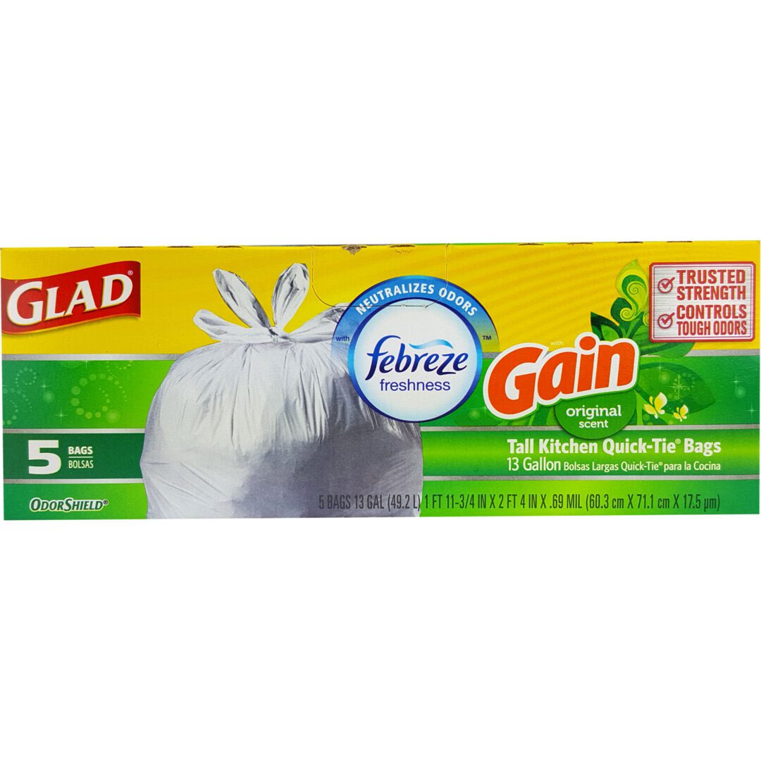 A box of glad odorshield tall kitchen drawstring trash bags with febreze freshness and gain original scent, 13-gallon size, 5-count package.